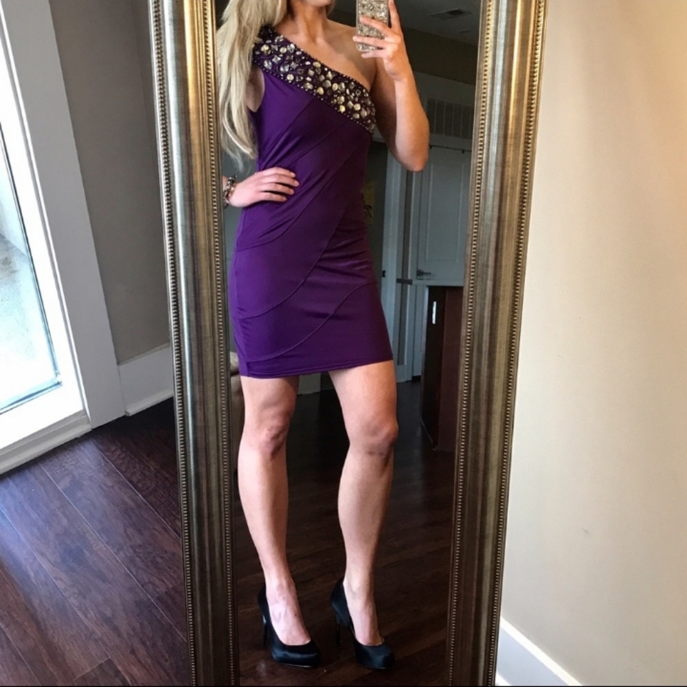 Bebe purple dress stones beading bodycon one shoulder sleeve
